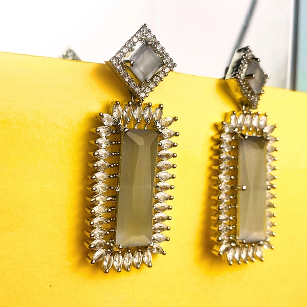Shining Plant Jewellery Quill Gray American Diamonds Studded Rectangle Shaped Rhodium-Plating Drop Earrings by Shining Plant – A Stylish Delight for Gifts – Anniversary – Wedding  - 5 cm, Quill Gray