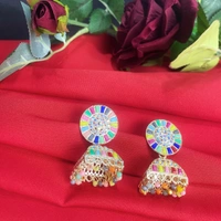 Shining Plant Jewellery Traditional Multicoloured Wedding Jhumkas Adorned with Kundan Stone for Girls and Women - Adjustable, multicolomulticolor