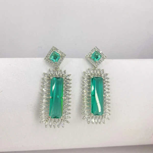 Shining Plant Jewellery Sparkling Perfection with Shining Plant's American Diamonds Green CZ Stone Elegance in Rhodium-Plated Danglers for Party - Weddings and Anniversaries  - 5 cm, Sea Green
