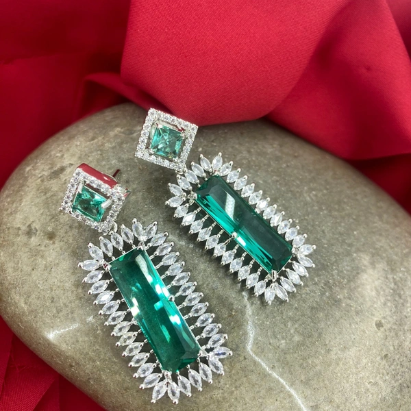 Shining Plant Jewellery Sparkling Perfection with Shining Plant's American Diamonds Green CZ Stone Elegance in Rhodium-Plated Danglers for Party - Weddings and Anniversaries  - 5 cm, Sea Green