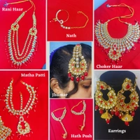 Shining Plant Jewellery Indian Traditional Ethnic Gold Plated Kundan Bridal Dulhan Jewellery Sets with 7 Sets Of Choker Earrings Maang Tikka Nose Ring for Women - Adjustable, Red