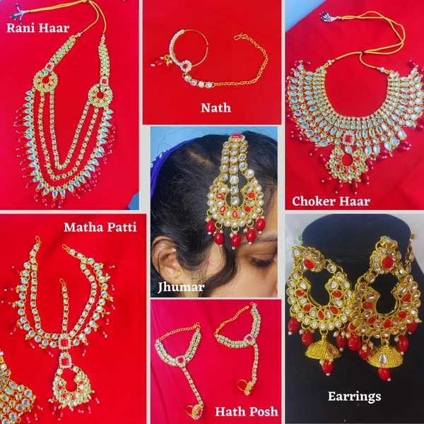 Shining Plant Jewellery Indian Traditional Ethnic Gold Plated Kundan Bridal Dulhan Jewellery Sets with 7 Sets Of Choker Earrings Maang Tikka Nose Ring for Women - Adjustable, Red