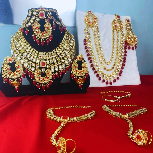 Shining Plant Jewellery Indian Traditional Ethnic Gold Plated Kundan Bridal Dulhan Jewellery Sets with 7 Sets Of Choker Earrings Maang Tikka Nose Ring for Women - Adjustable, Red