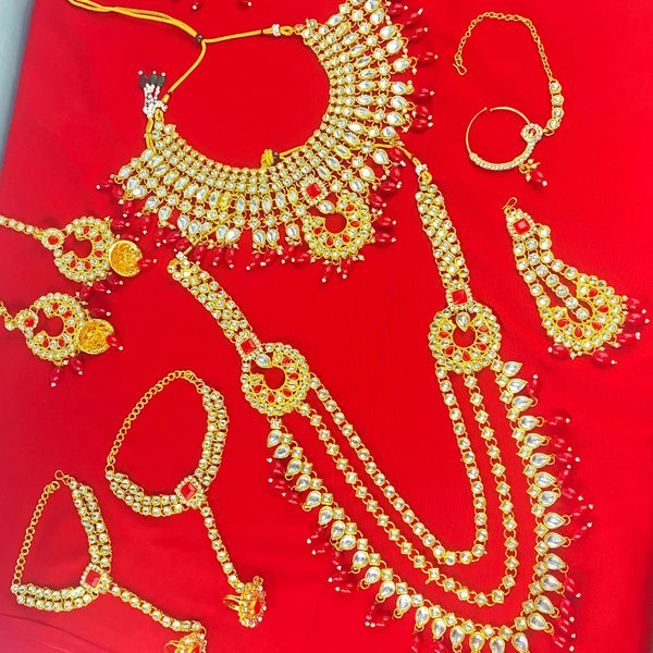 Shining Plant Jewellery Indian Traditional Ethnic Gold Plated Kundan Bridal Dulhan Jewellery Sets with 7 Sets Of Choker Earrings Maang Tikka Nose Ring for Women - Adjustable, Red