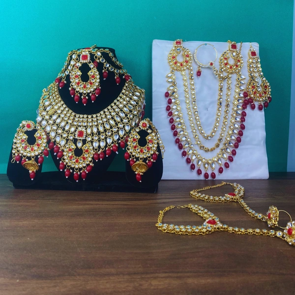 Shining Plant Jewellery Indian Traditional Ethnic Gold Plated Kundan Bridal Dulhan Jewellery Sets with 7 Sets Of Choker Earrings Maang Tikka Nose Ring for Women - Adjustable, Red