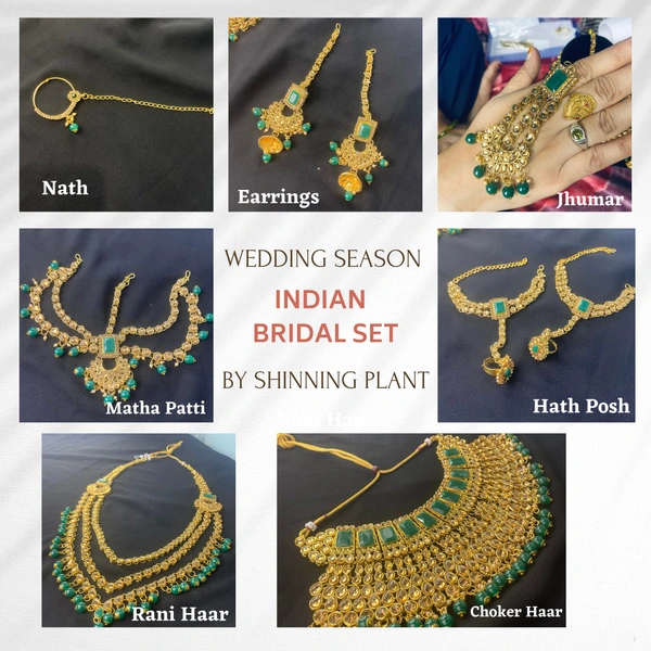Shining Plant Jewellery Wedding Season's Special Beautiful Green Color Light Weight Bridal Sets (7 Pcs.) For Girls' and Women's - Adjustable, Green