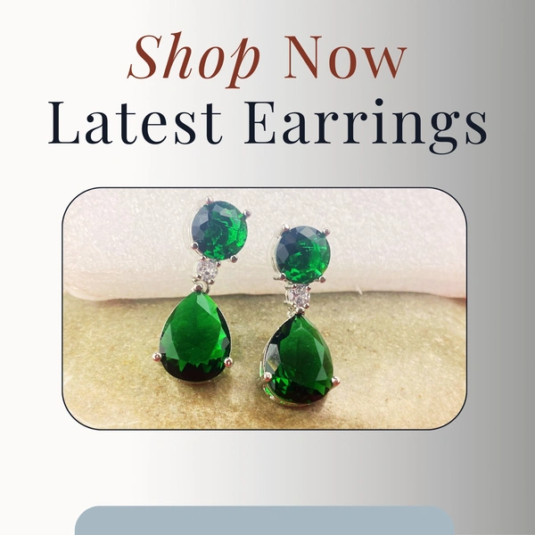 Shining Plant Jewellery Silver Plated Green Emerald American Diamond Pear Cut Stud Dangle Earrings - Free Size, Green
