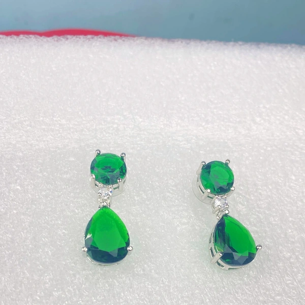 Shining Plant Jewellery Silver Plated Green Emerald American Diamond Pear Cut Stud Dangle Earrings - Free Size, Green
