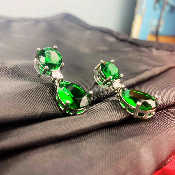 Shining Plant Jewellery Silver Plated Green Emerald American Diamond Pear Cut Stud Dangle Earrings - Free Size, Green