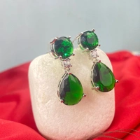 Shining Plant Jewellery Silver Plated Green Emerald American Diamond Pear Cut Stud Dangle Earrings - Free Size, Green