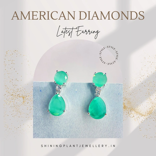 Shining Plant Jewellery Silver Plated Mint Green Emerald American Diamond Pear Cut Stud Dangle Earrings - Free Size, Mint Green