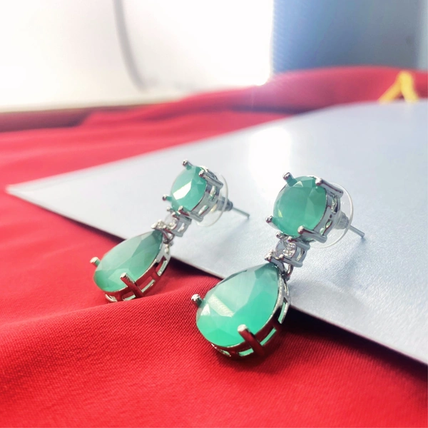 Shining Plant Jewellery Silver Plated Mint Green Emerald American Diamond Pear Cut Stud Dangle Earrings - Free Size, Mint Green