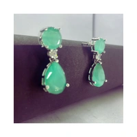 Shining Plant Jewellery Silver Plated Mint Green Emerald American Diamond Pear Cut Stud Dangle Earrings - Free Size, Mint Green