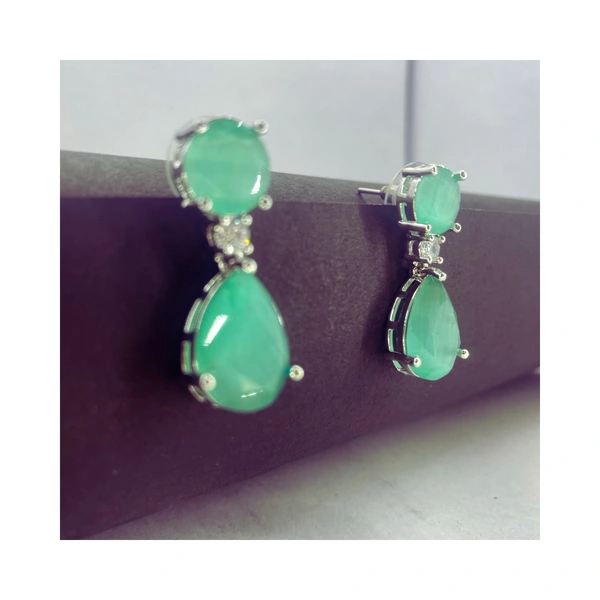 Shining Plant Jewellery Silver Plated Mint Green Emerald American Diamond Pear Cut Stud Dangle Earrings - Free Size, Mint Green