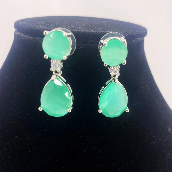 Shining Plant Jewellery Silver Plated Mint Green Emerald American Diamond Pear Cut Stud Dangle Earrings - Free Size, Mint Green