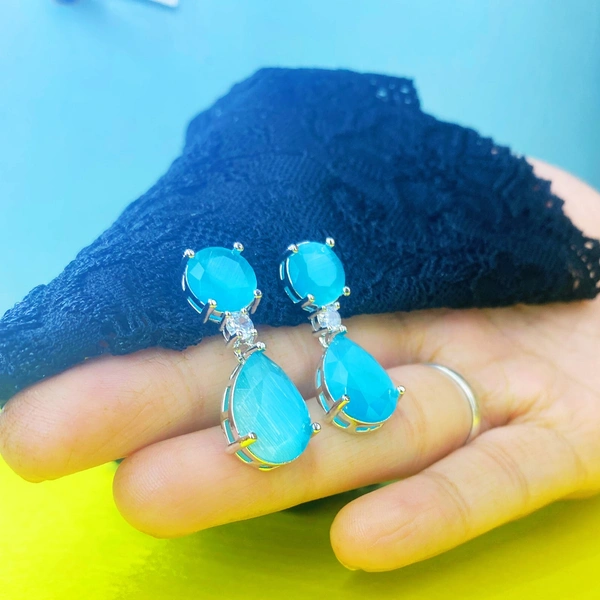 Shining Plant Jewellery Silver Plated Ocean Blue Emerald American Diamond Pear Cut Stud Dangle Earrings - Free Size, Ocean Blue