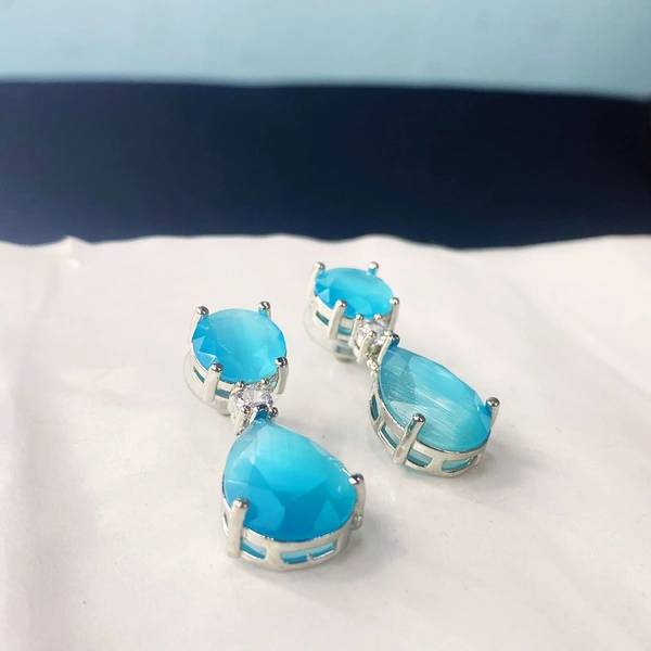 Shining Plant Jewellery Silver Plated Ocean Blue Emerald American Diamond Pear Cut Stud Dangle Earrings - Free Size, Ocean Blue