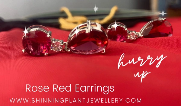 Shining Plant Jewellery Silver Plated Ocean Blue Emerald American Diamond Pear Cut Stud Dangle Earrings - Free Size, Red
