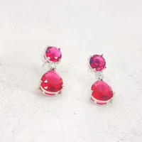 Shining Plant Jewellery Silver Plated Ocean Blue Emerald American Diamond Pear Cut Stud Dangle Earrings - Free Size, Red