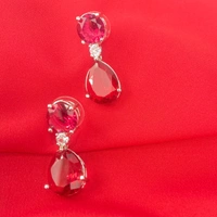 Shining Plant Jewellery Silver Plated Ocean Blue Emerald American Diamond Pear Cut Stud Dangle Earrings - Free Size, Red