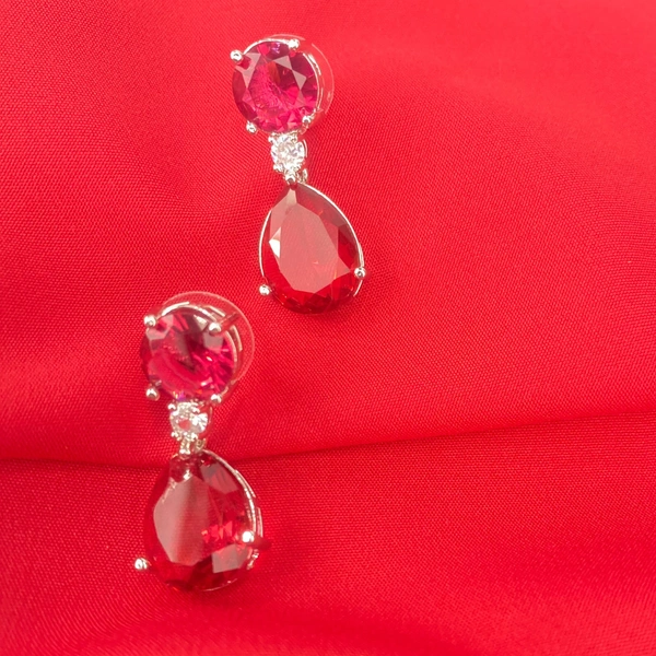 Shining Plant Jewellery Silver Plated Ocean Blue Emerald American Diamond Pear Cut Stud Dangle Earrings - Free Size, Red