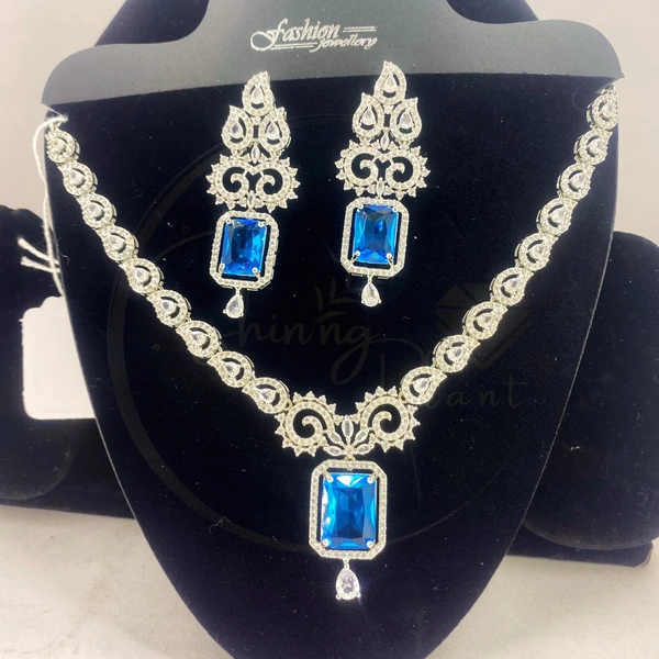 Graceful Gleam with Shining Plant's Premium American Diamond Brass Rhodium Silver Jewelry Set