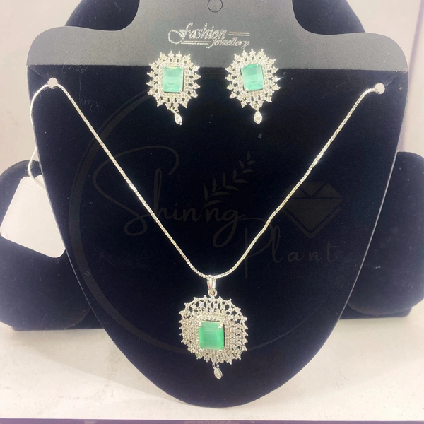 Buy Light Green Rectangular Shaped American Diamonds Antique Delicate Pendant Set With Earrings 