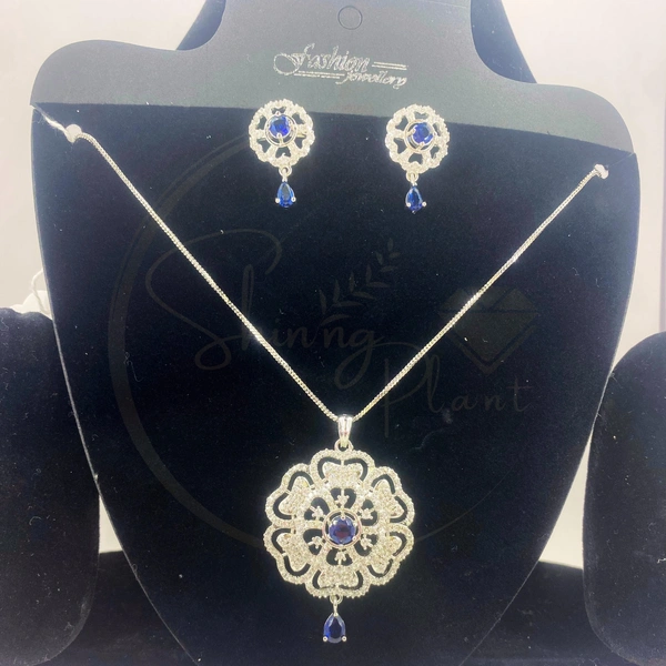 Shining Plant Jewellery Silver Round Shaped American Diamonds Antique Delicate Pendant Set With Earrings  - Adjustable, Silver, Silver Color
