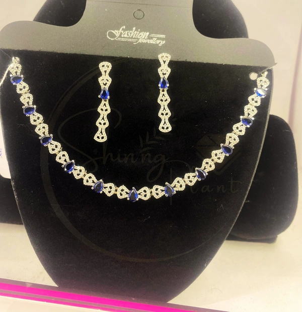SPJ Blue AD CZ Rhodium Plated Necklace and Long Earrings For Women