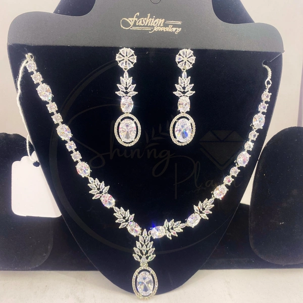 Beautiful Design Party wear Rhodium Silver plated CZ Stone AD Diamond Necklace with long earrings for women's