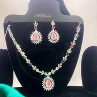 Shining Plant Jewellery Beautiful Design Party wear Rhodium Silver plated CZ Stone AD Diamond Necklace with long earrings for women's - Adjustable, Silver, Silver Plated
