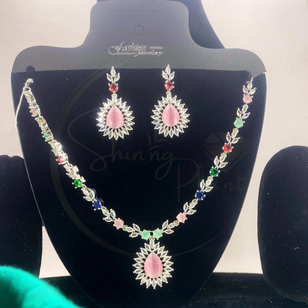 Shining Plant Jewellery Beautiful Design Party wear Rhodium Silver plated CZ Stone AD Diamond Necklace with long earrings for women's - Adjustable, Silver, Silver Plated