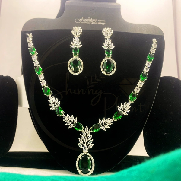 Shining Plant Jewellery Beautiful Design Party wear Rhodium Silver plated CZ Stone AD Diamond Necklace with long earrings for women's - Adjustable, Silver, Silver Plated