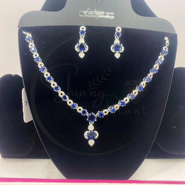 Shining Plant's Blue Sapphire Love Small CZ Stone Necklace and Earrings, Jewellery Set