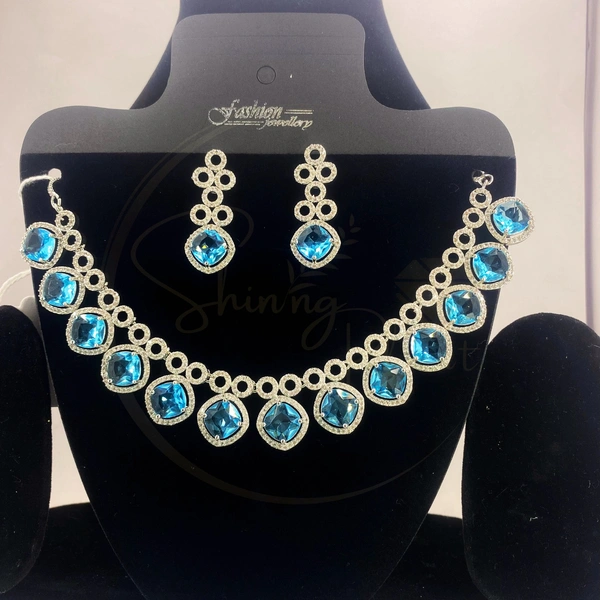 Shining Plant Jewellery American Diamond Sky Blue Choker| Elegant Sky Blue CZ Diamond Necklace| Statement Jewelry Set| Statement Necklace| Sky Blue Round Shaped Indian Jewelry| CZ Stone Necklace - Adjustable, Sky Blue, Round Shaped