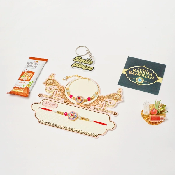 Designer Meenakari Rakhi Set for Bhaiya Bhabhi | Rakhi Gift Combo for Brother & Bhabhi | Raksha Bandhan Gift Hamper with Rakhi, Gift & Sweets