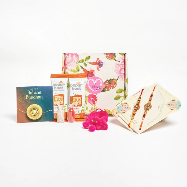 MyFirstLove by Yogita Rakhi Pooja Box | Set of 2 Designer Rakhis for Brother with Roli Chawal & Sweets | Traditional Raksha Bandhan Gift Hamper for Bhai