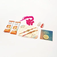 MyFirstLove by Yogita Rakhi Pooja Box | Set of 2 Designer Rakhis for Brother with Roli Chawal & Sweets | Traditional Raksha Bandhan Gift Hamper for Bhai