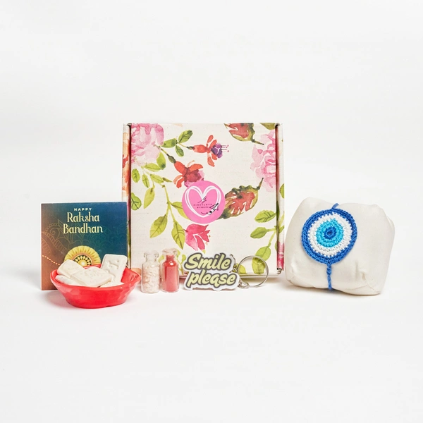 MyFirstLove By Yogita Dog Rakhi Hamper with Treats (Blue) | Evil Eye Crochet Rakhi for Pets | Gifts For Dogs & Cats | Special Raksha Bandhan Gift Hamper - 17 CM, Blue