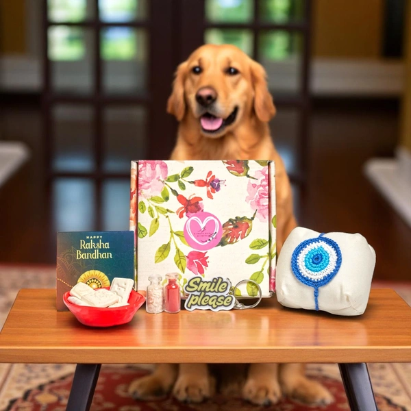 MyFirstLove By Yogita Dog Rakhi Hamper with Treats (Blue) | Evil Eye Crochet Rakhi for Pets | Gifts For Dogs & Cats | Special Raksha Bandhan Gift Hamper - 17 CM, Blue