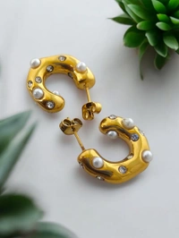 MyFirstLoveByYA Anti Tarnish - Pearly - Open ended Hoops - 18K Gold Plated - Earrings  MFLATE05D