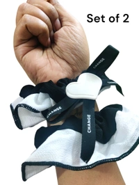 Premium Black And White Hair Scrunchies, Set of 2 - Black