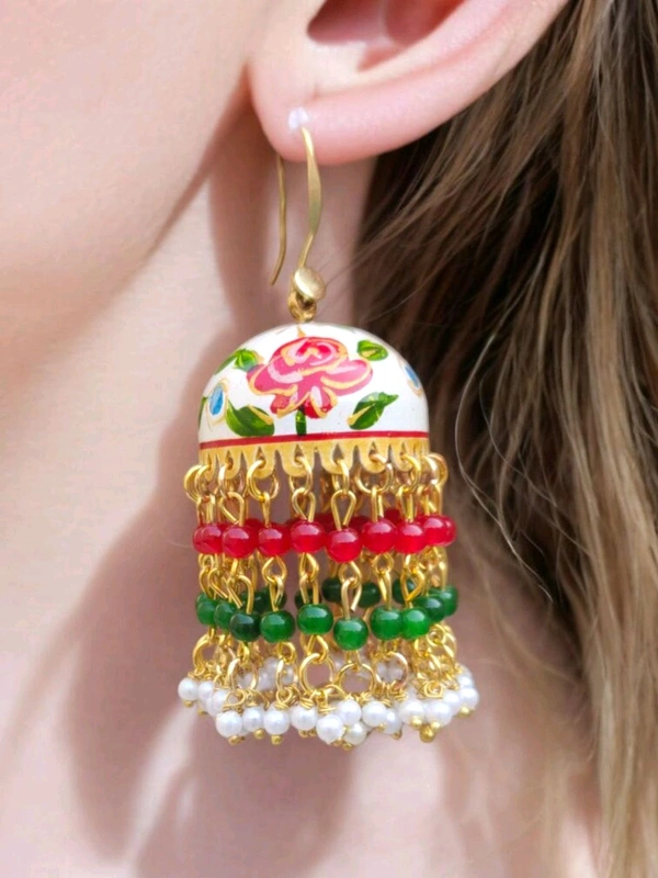 Rani Sa Jhumka Meenakari - Pink And Green  - White