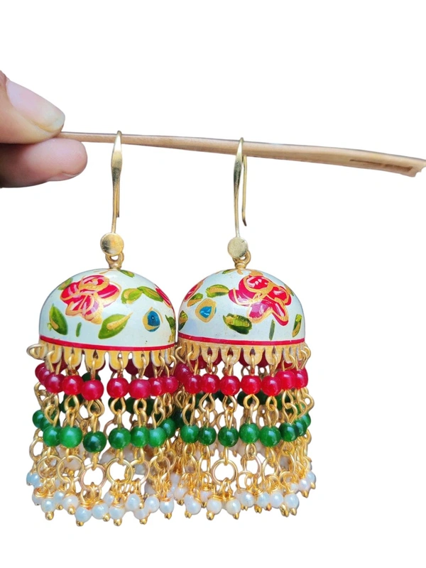 Rani Sa Jhumka Meenakari - Pink And Green  - White