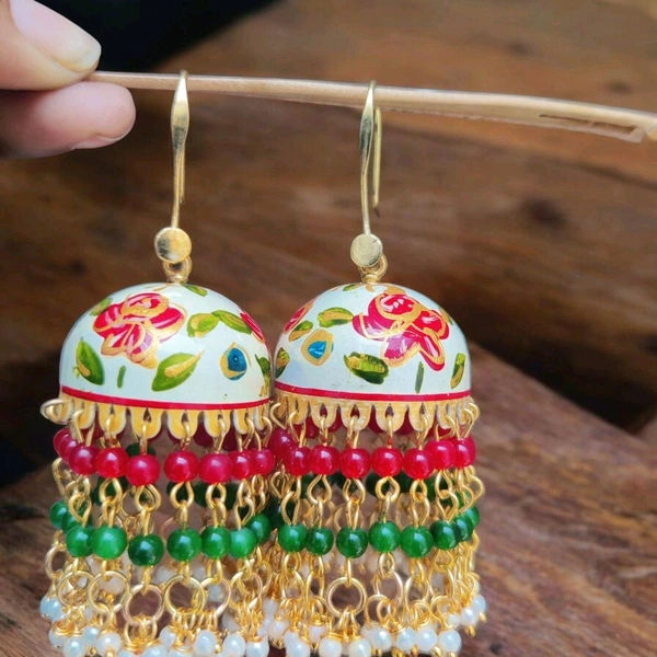 Rani Sa Jhumka Meenakari - Pink And Green  - White