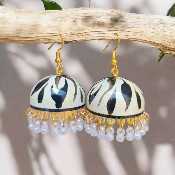 Hand-painted Black And White Jhumki earrings 