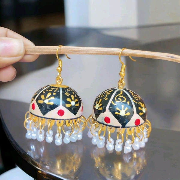 Handpained Black And Golden Jhumki earrings 