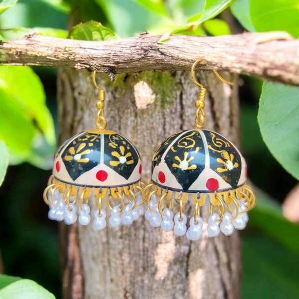 Handpained Black And Golden Jhumki earrings 