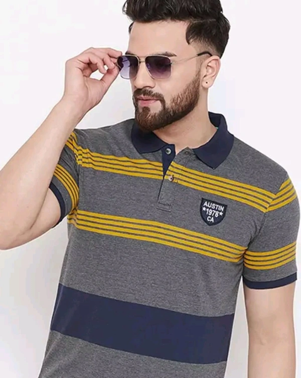Austin Wood Men's Half Sleeves Polo Neck Striper T-shirt - M
