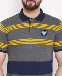 Austin Wood Men's Half Sleeves Polo Neck Striper T-shirt - M